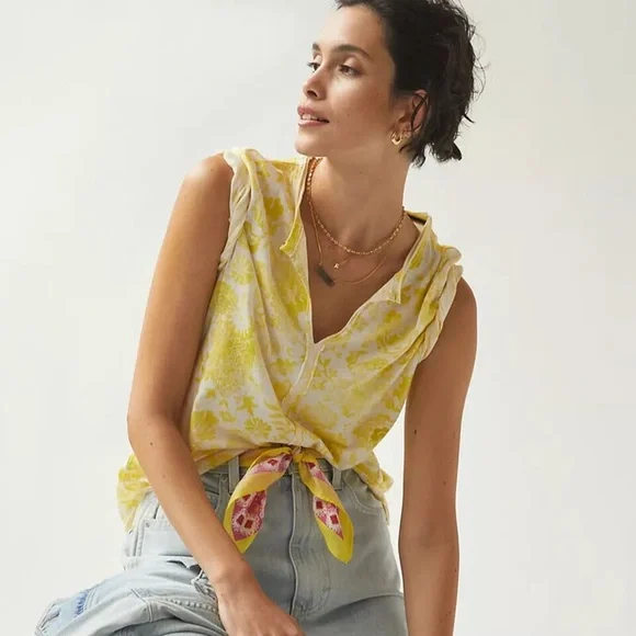 Anthropologie Pilcro Spliced-Neck Tee New Yellow White Floral Size XS ANTHRO NWT - Picture 5 of 10